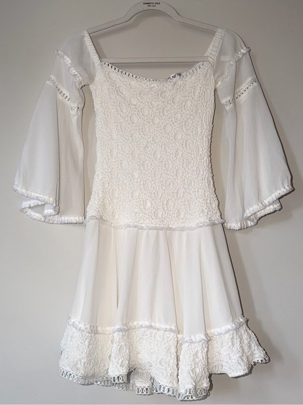 VENUS White Smocked Boho Mini Dress Bell Sleeve Cottagecore US 2